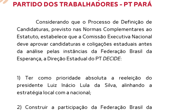 PT Pará aprova indicação de candidaturas e coligações para direção nacional e reafirma prioridade absoluta na reeleição de Lula